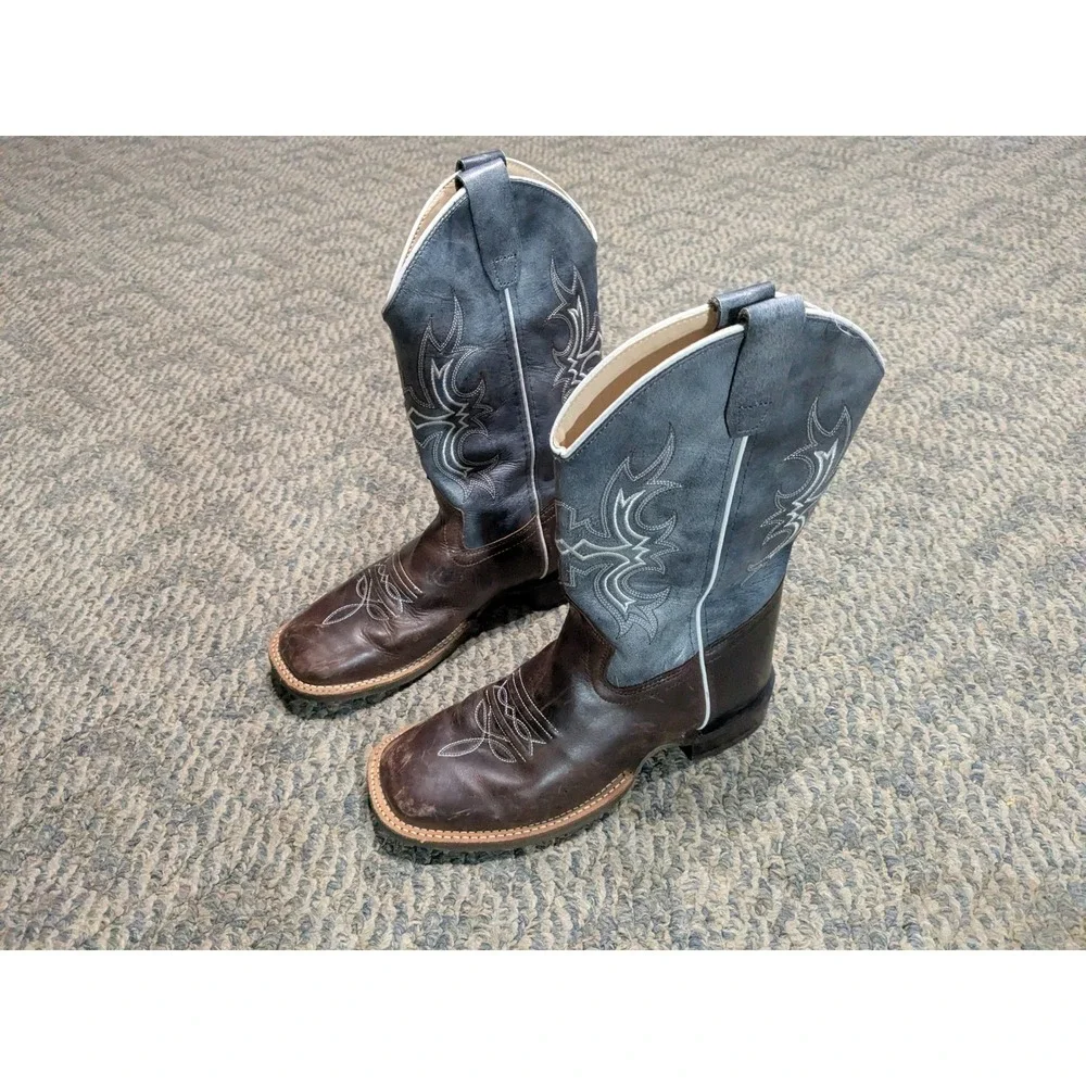 Old West BSY1914 Youth Cowboy Boots Brown Blue Leather Square Toe Size 5.5 D